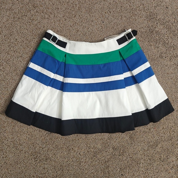 Karen Millen Pleated Skirt Womens 8 Blue Striped ALine Buckle Mini Chic Elegant - Picture 2 of 13